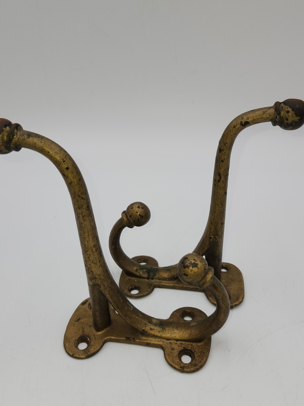 Antique Vinrage Lot 2 Solid Heavy Cast Iron Brass Coat & Hat Hooks 6" Double
